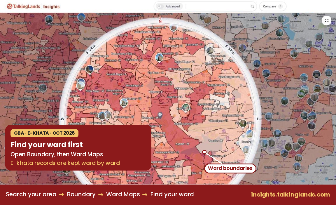 Ward Maps layer on TalkingLands Insights showing a Bengaluru ward, with the card Find your ward first