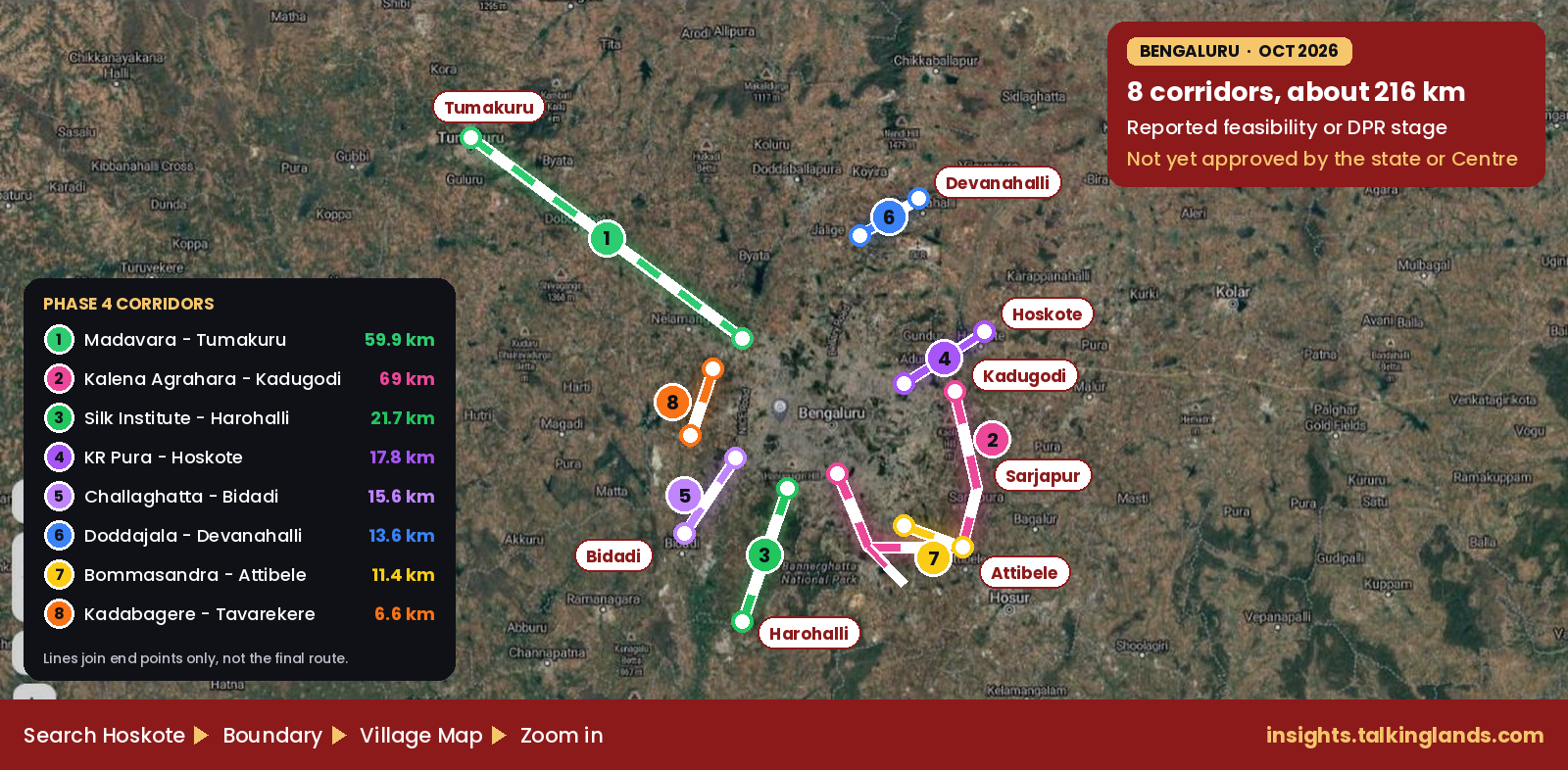 Namma Metro Phase 4 proposed corridors on a TalkingLands Insights map