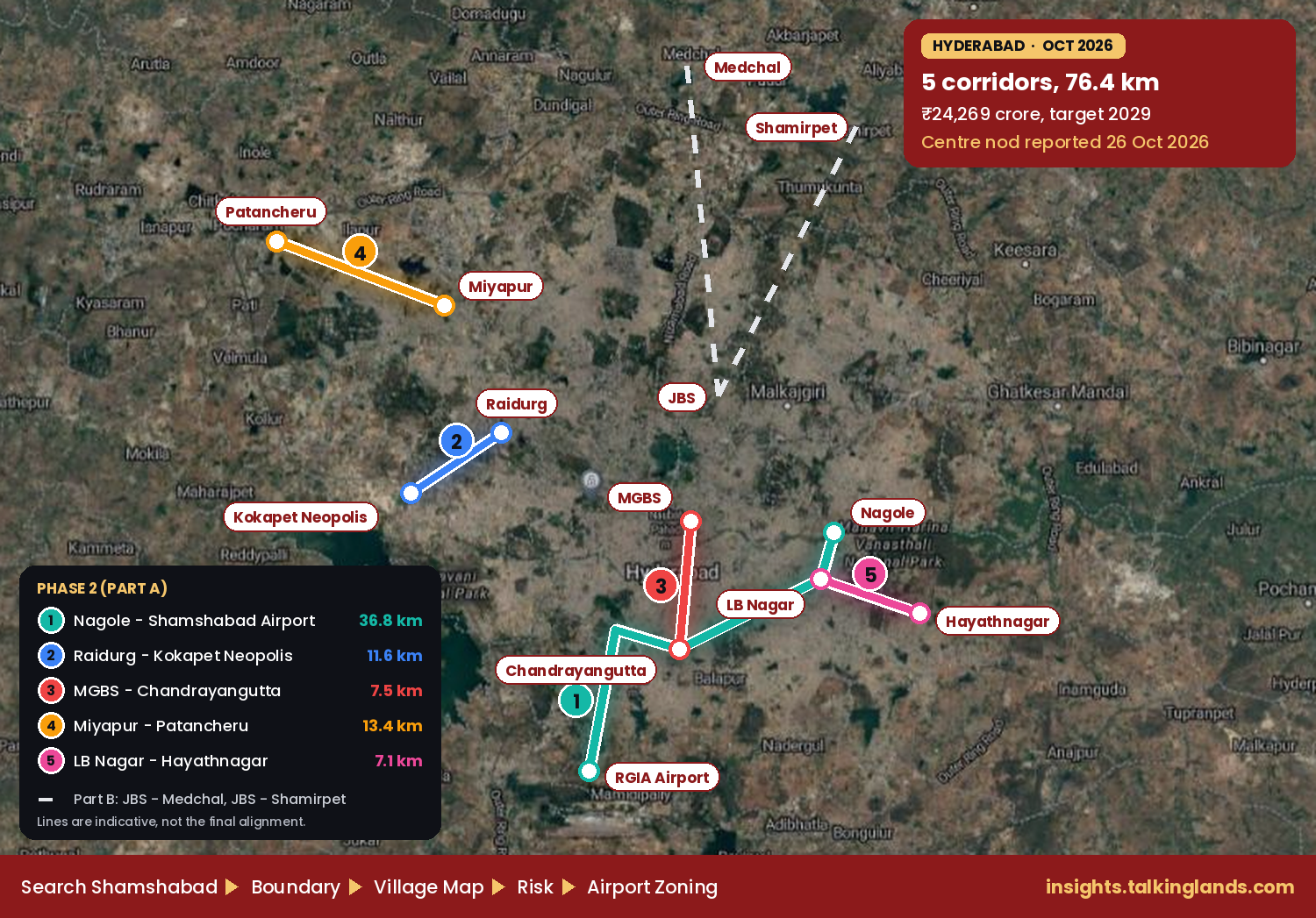 Hyderabad Metro Phase 2 corridors on a TalkingLands Insights map