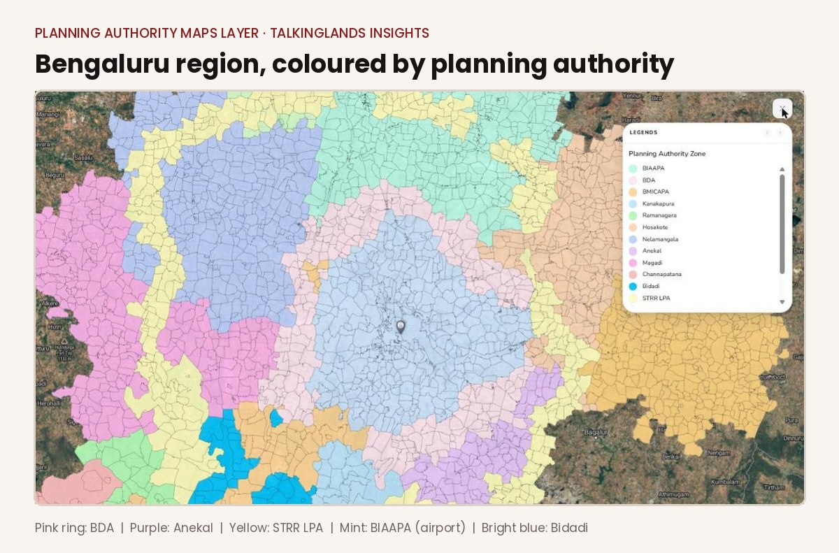 Bengaluru region coloured by planning authority on TalkingLands Insights