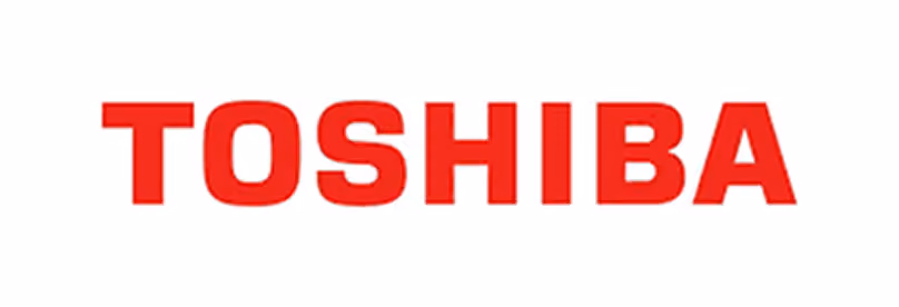 TOSHIBA company logo in bold red capital letters on a white background.