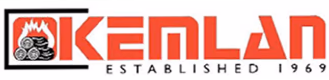 Kemlan logo in red with stacked logs and flames inside a black bracket, established 1969 below.