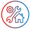 Circle with gear, wrench, and house icons representing home repair and maintenance.