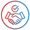 Red and blue handshake icon with a checkmark above the hands,