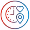 Clock icon with heart and location pin symbols in a red to blue gradient circle.
