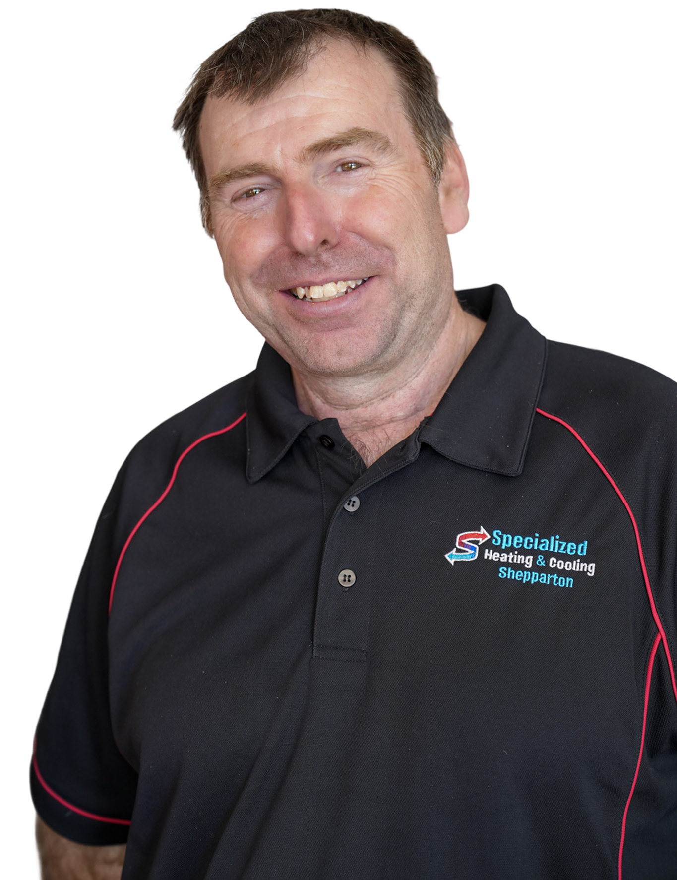 Smiling man wearing a black polo shirt with Specialized Heating & Cooling Shepparton logo.