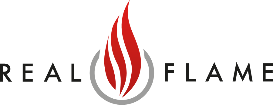 Real Flame company logo with stylized red flame inside a gray partial circle.