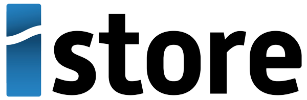 Blue lowercase letter i followed by bold black text spelling 'store' on a white background.