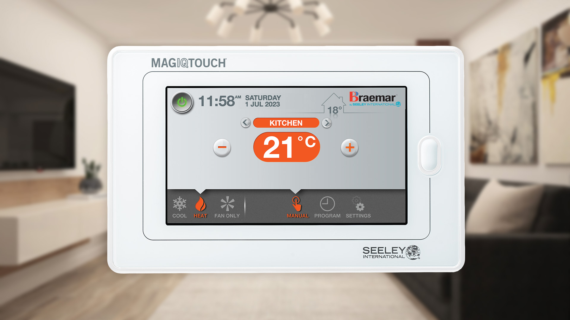Digital thermostat showing 21°C for kitchen, heat mode active, and time 11:58 AM on July 1, 2023.
