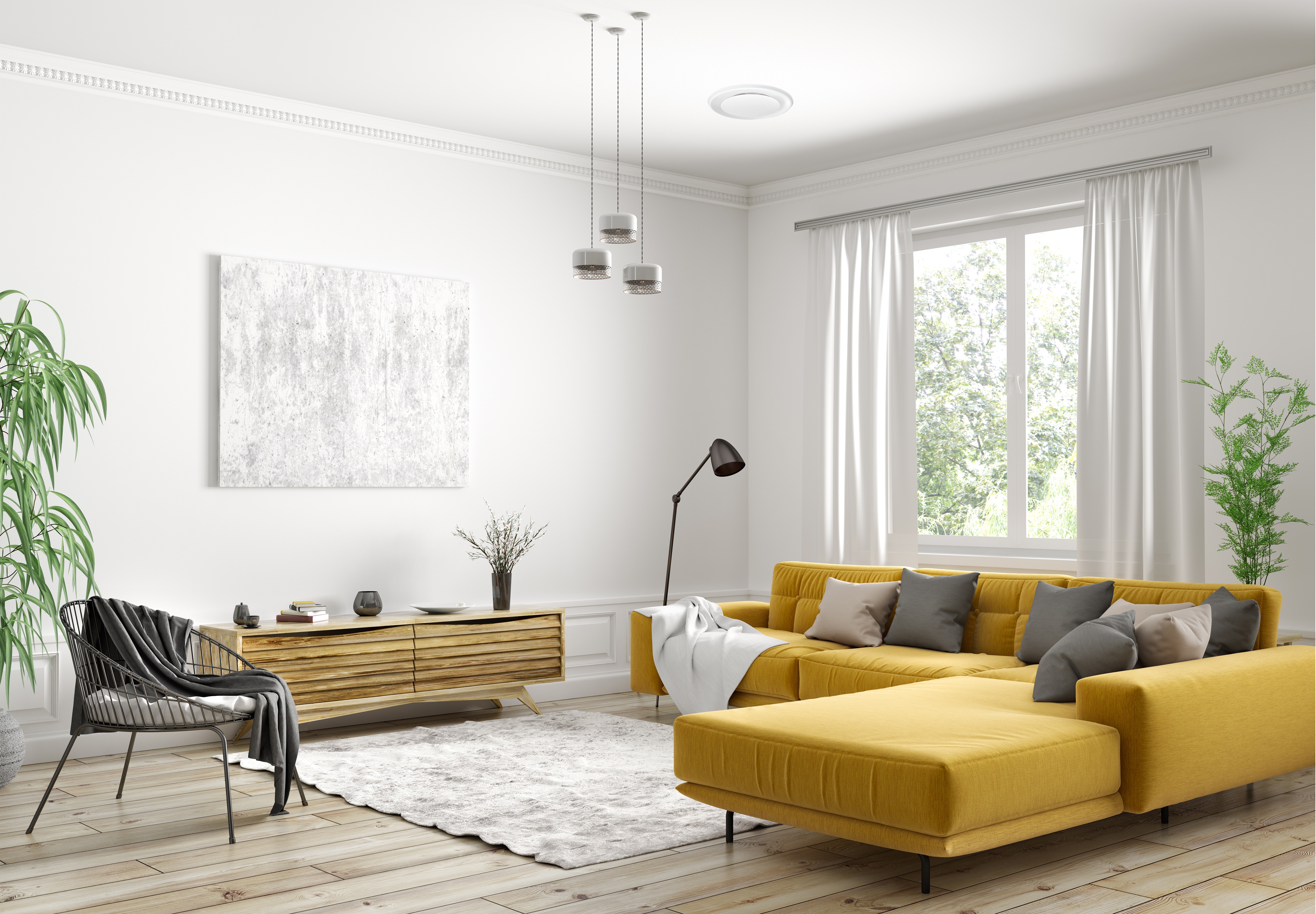Modern living room with stone walls, a mounted TV, curved sofa, and wall-mounted air conditioner.