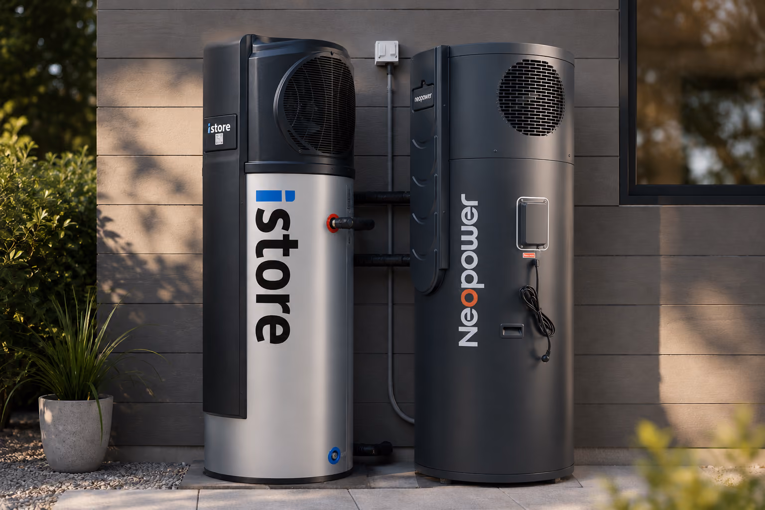 Close-up of a black vacuum labeled Neopower next to a white cylinder labeled iStore.