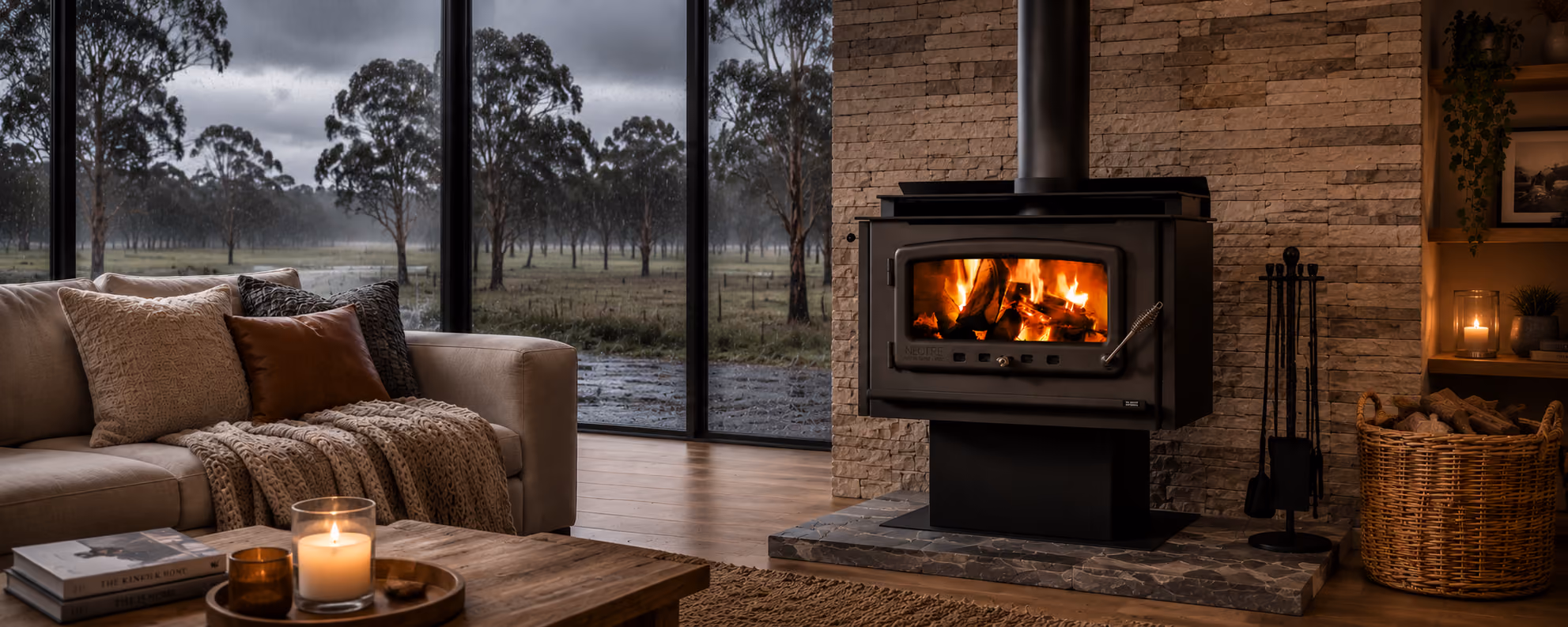 Nectre wood stove with flames inside and Australian Made logo on the glass door.