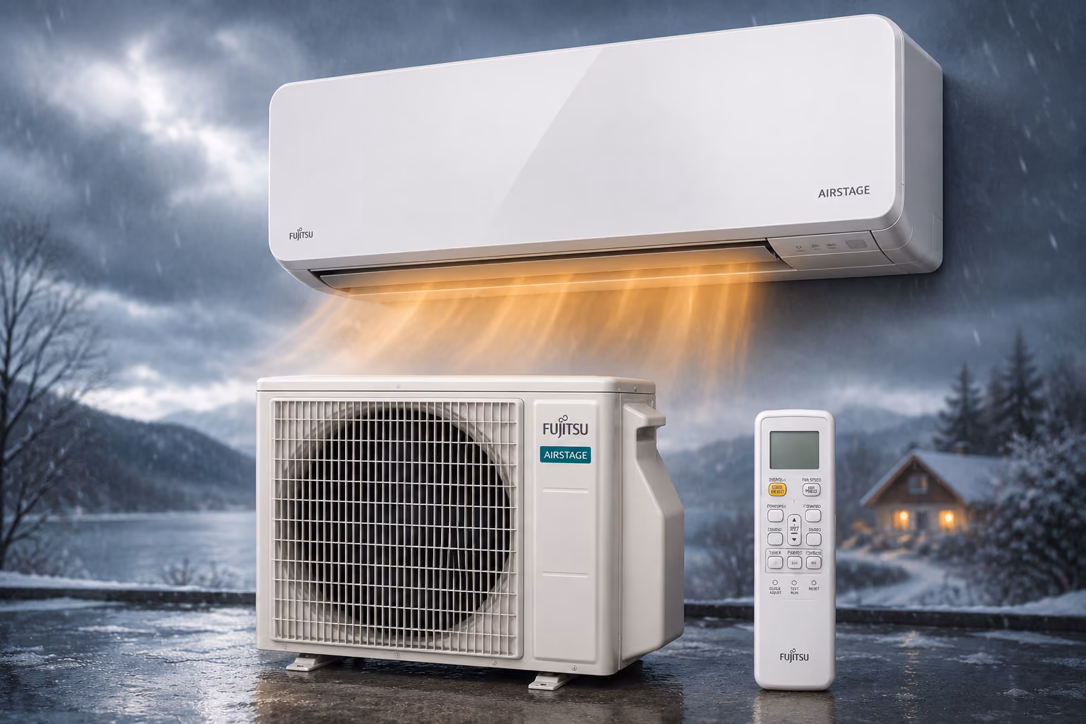 White wall-mounted split air conditioning unit with a remote control beside it.