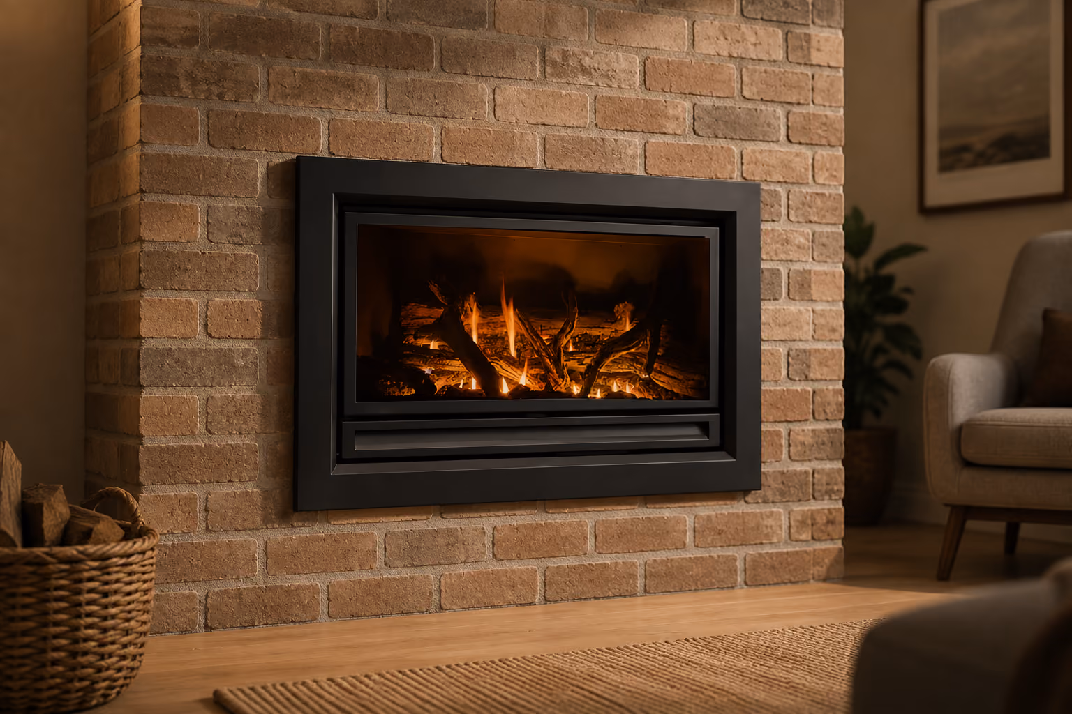 Close-up of a Nectre wood stove door with visible flames inside and coiled handle.