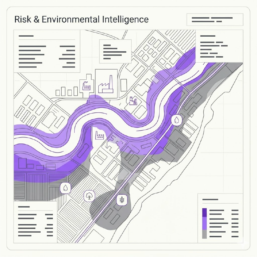 Map showing risk and environmental intelligence with highlighted river zone in purple and surrounding areas marked with water, tree, and agriculture icons.