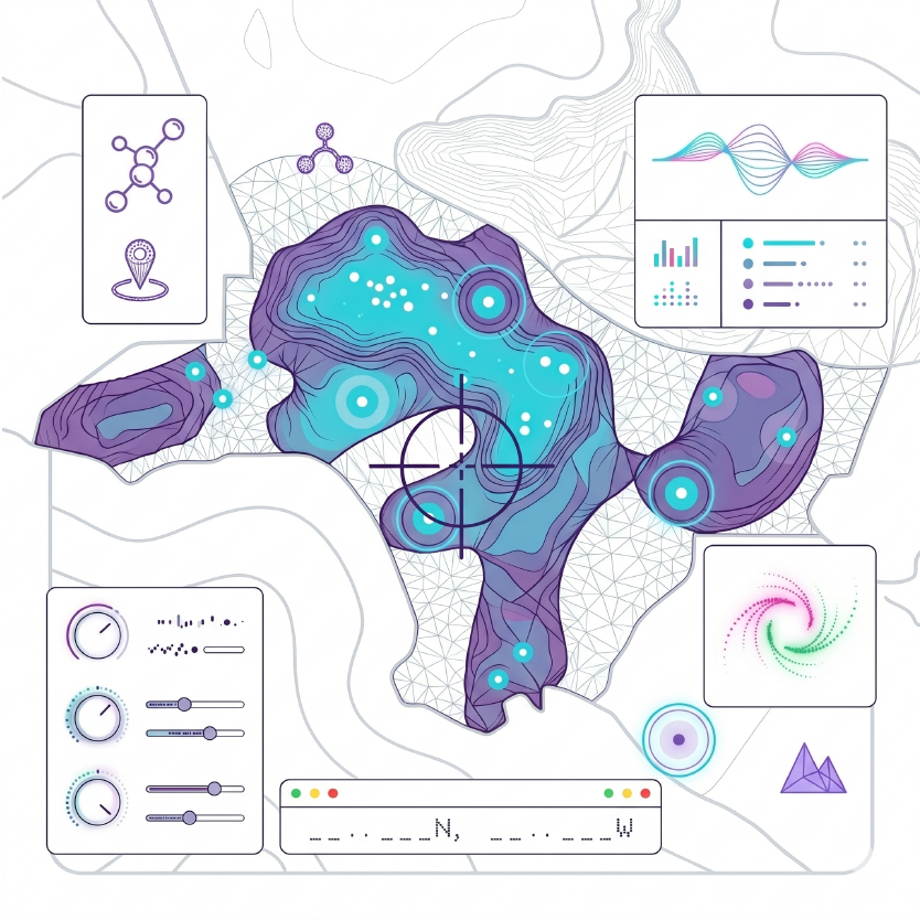Topographic map with contour lines, data points, target crosshairs, and graphical data panels showing charts, dials, and molecular icons.