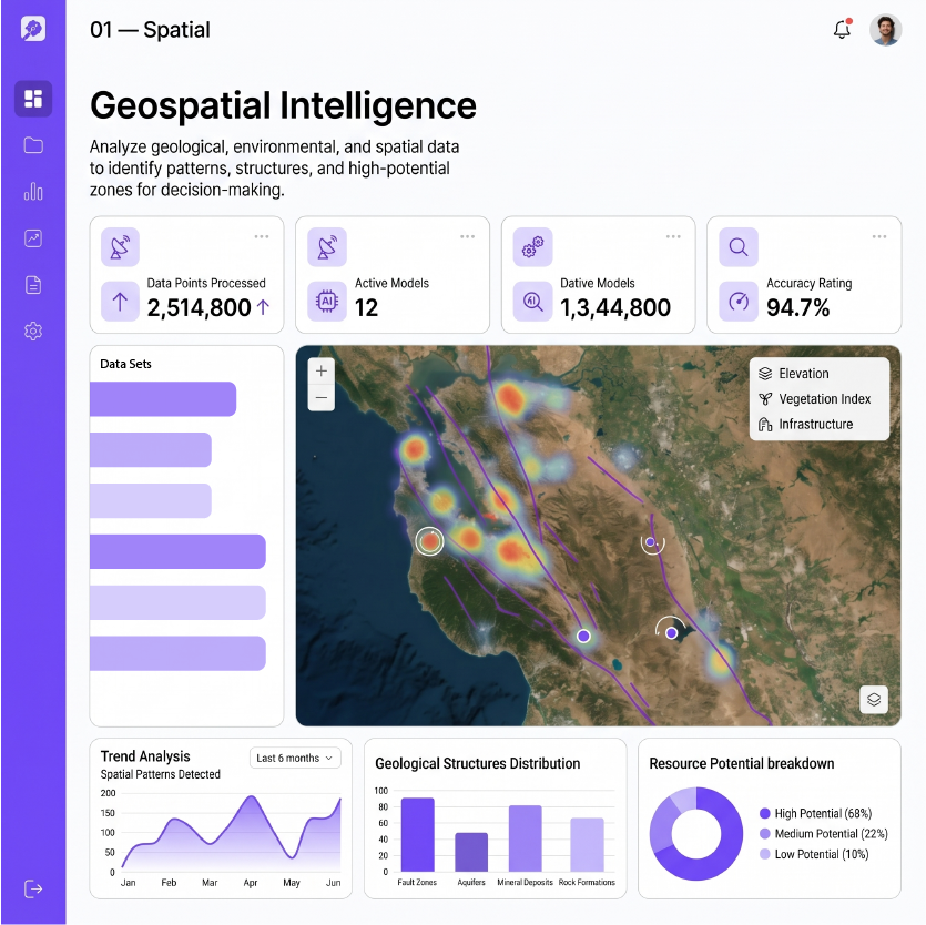 Dashboard of geospatial intelligence showing data points processed, active models, dative models, accuracy rating, a heatmap over a geographic region with elevation, vegetation, infrastructure layers, trend analysis graph, geological structures distribution bar chart, and resource potential breakdown pie chart.