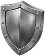 Metallic medieval shield with rivets around the edge and a central ridge.