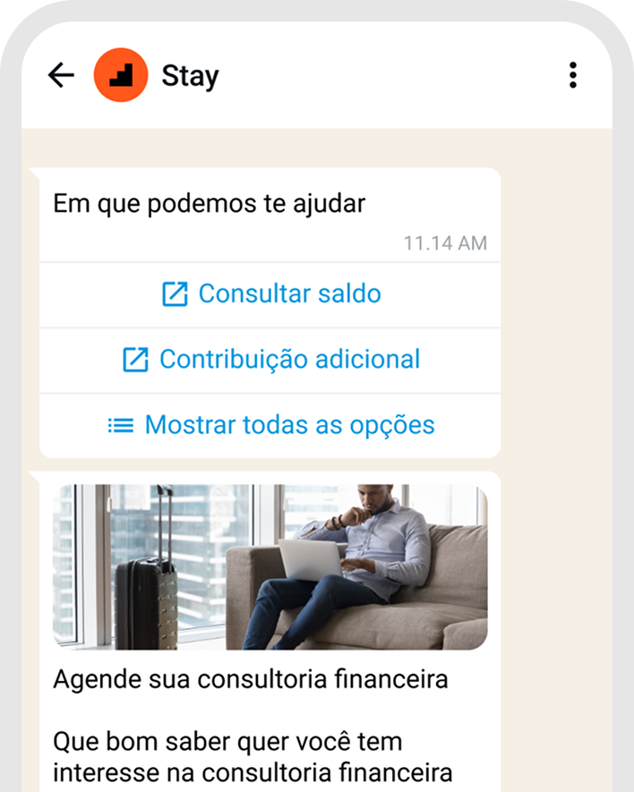 Mobile app screen showing a chat interface offering financial consultation options and a man sitting on a couch using a laptop.