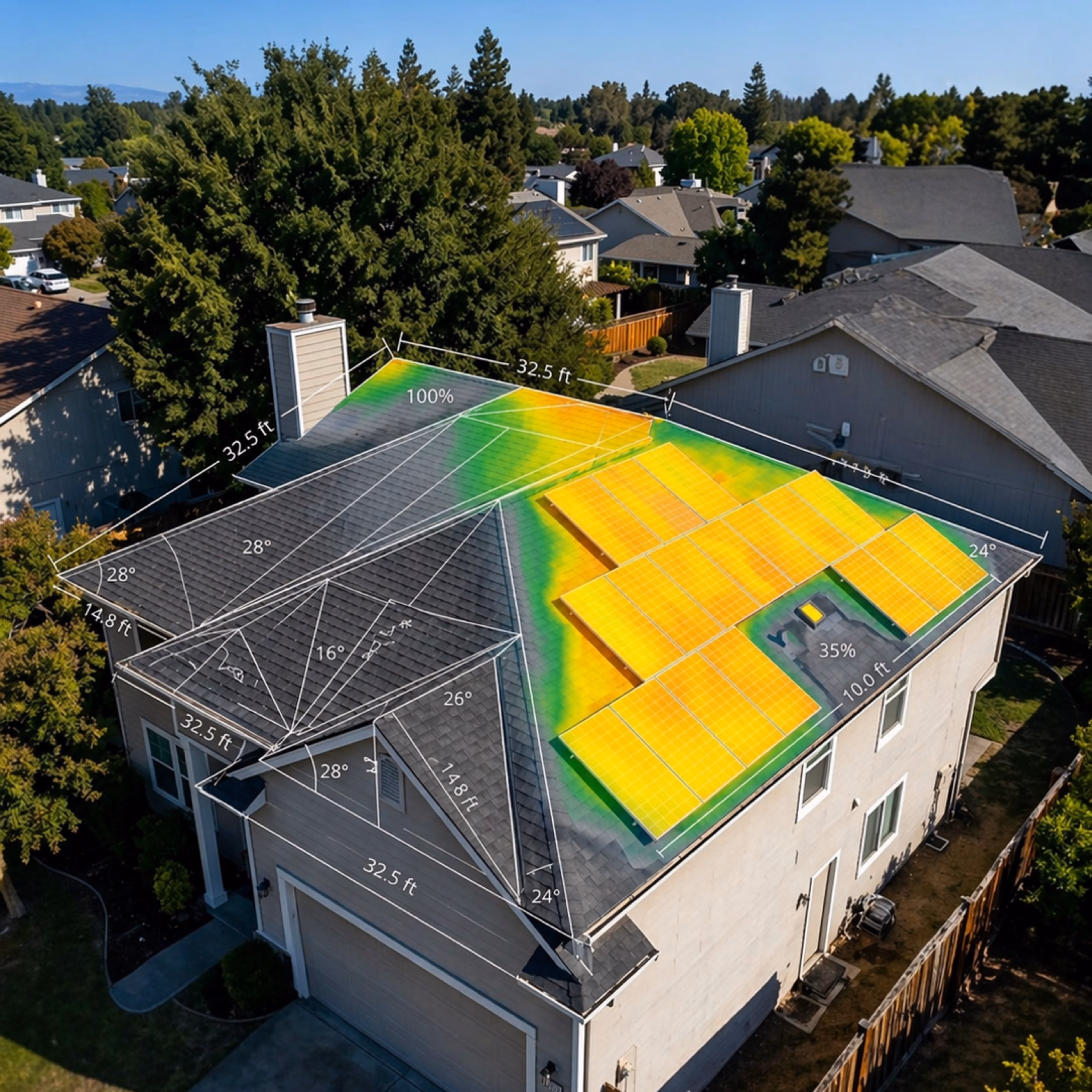 Aerial view of a house roof with solar panels and schematic measurements and efficiency heatmap overlay.