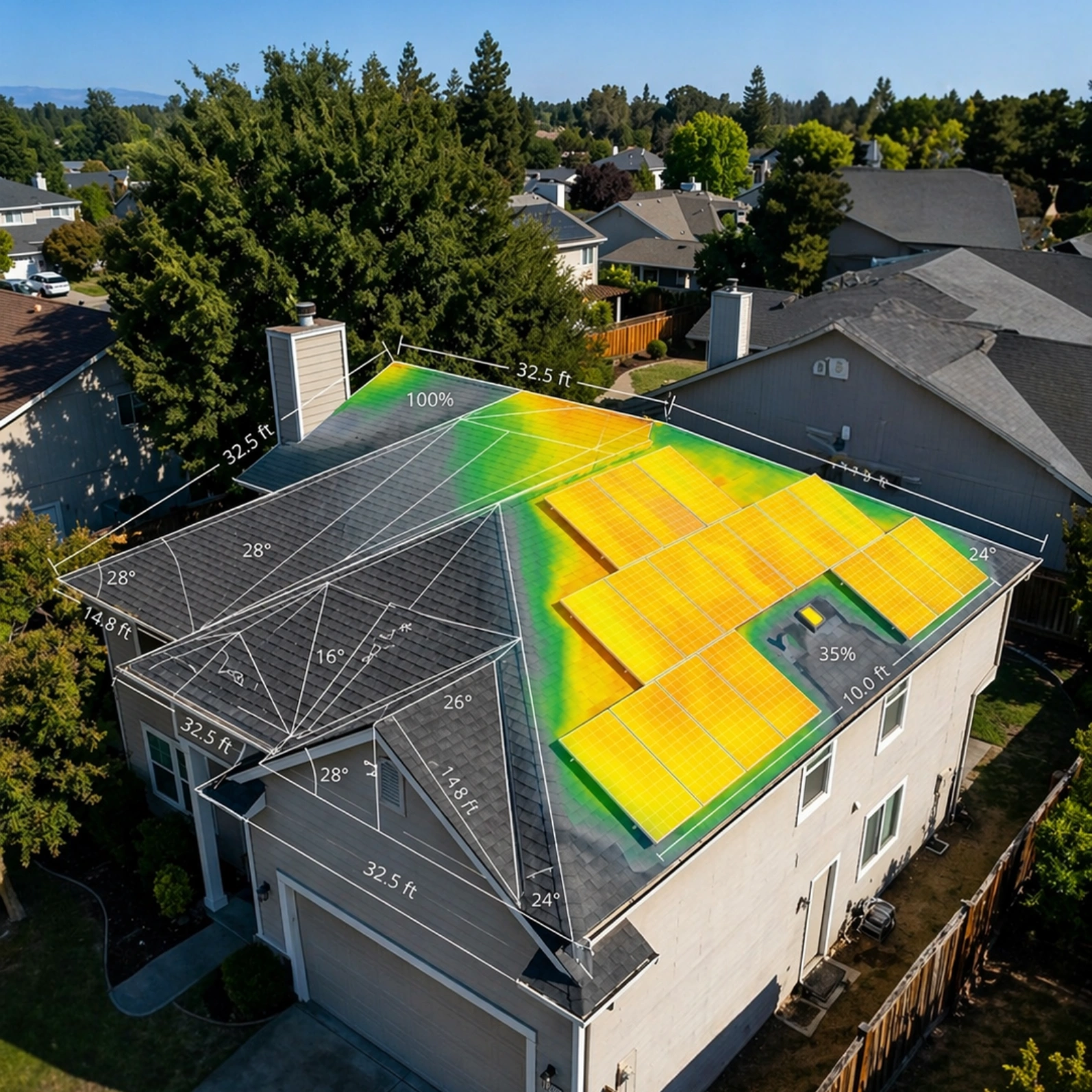 Aerial view of a house roof with solar panels and schematic measurements and efficiency heatmap overlay.