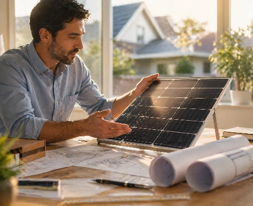 Engineer presenting a solar panel on a desk with blueprints and a safety helmet nearby.