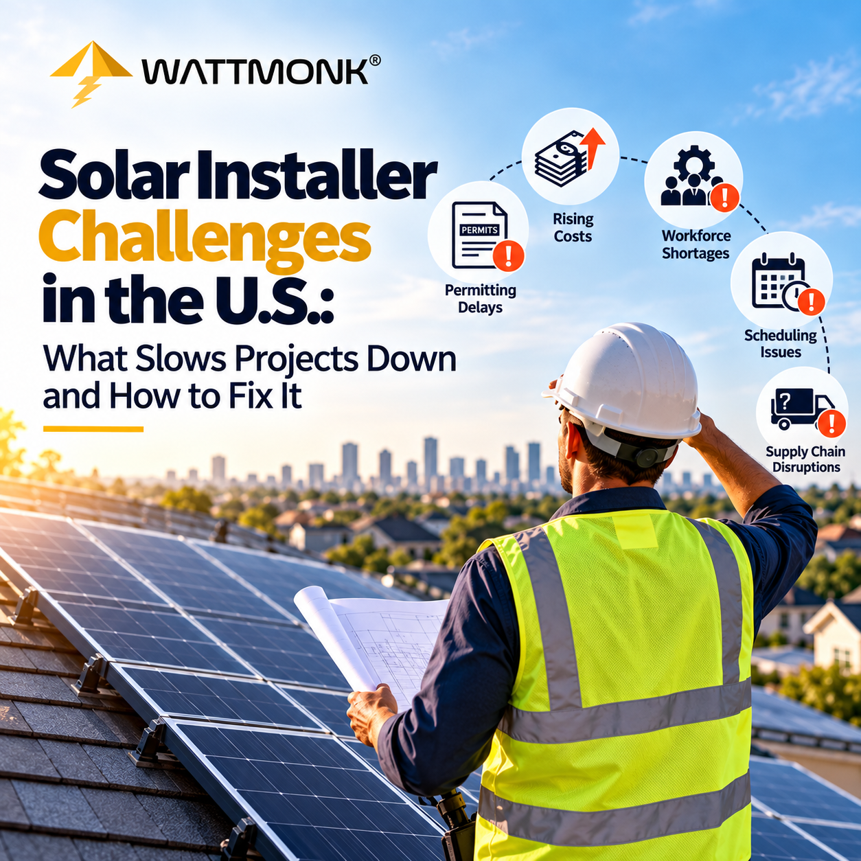 Solar installer reviewing a permit plan set on a residential rooftop