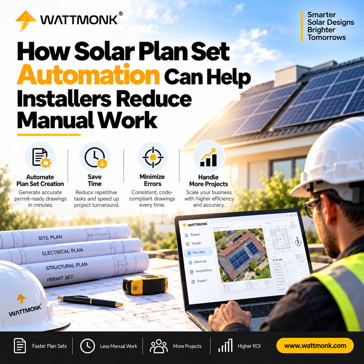 Solar designer reviewing an automated solar plan set on a laptop dashboard