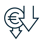 Symbol mit zwei nach unten zeigenden Pfeilen, einer davon als Euro-Zeichen gestaltet.