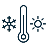 Thermometer-Symbol mit blauer Schneeflocke links und oranger Sonne rechts als Zeichen für Kälte und Wärme.