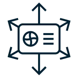 Symbol eines Rechtecks mit vier nach außen zeigenden Pfeilen als Zeichen für Vielseitigkeit oder Erweiterbarkeit.
