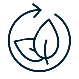 Symbol eines Globus mit einem Blatt und einem umlaufenden Pfeil als Zeichen für Nachhaltigkeit.