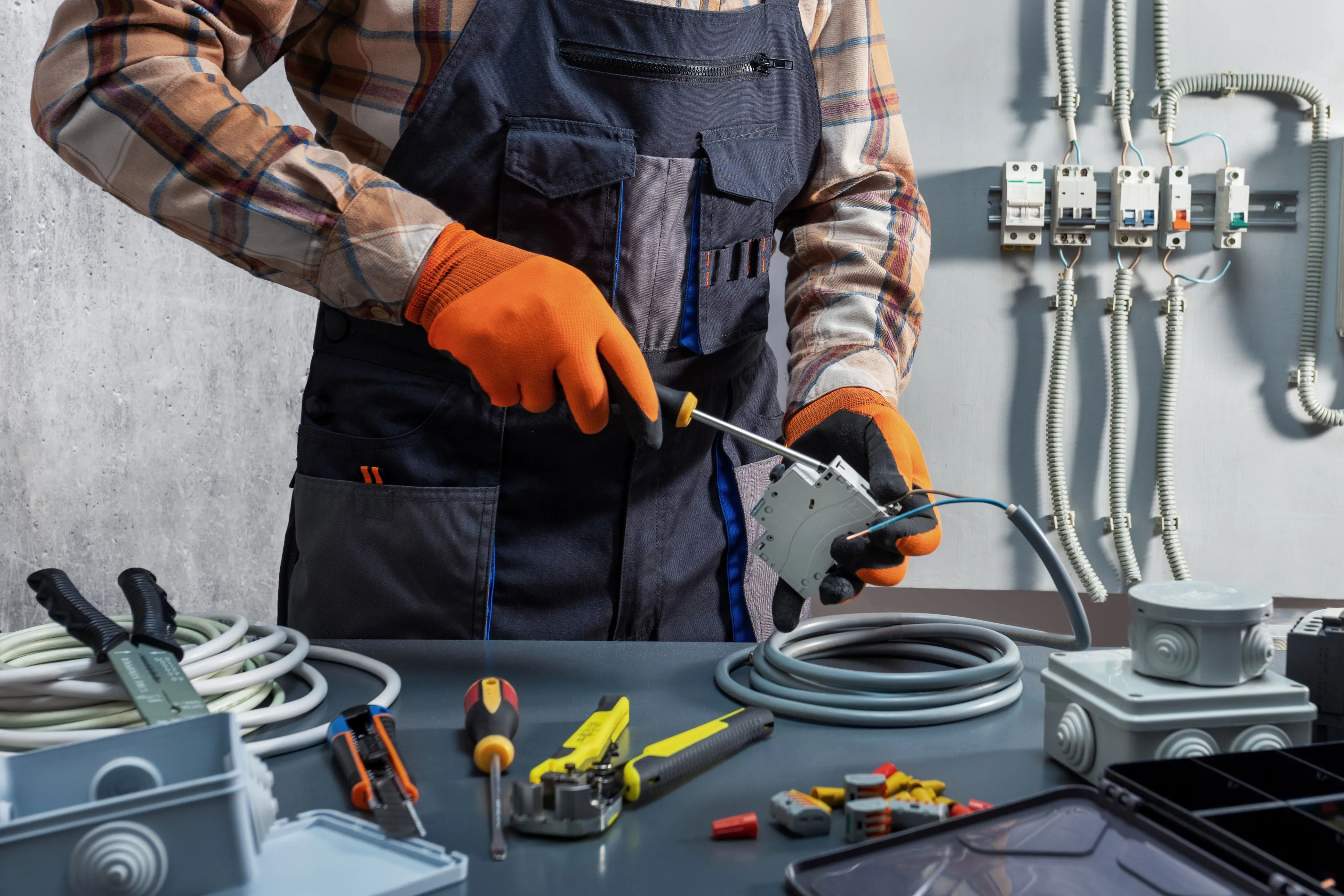 Electrician assembling wiring and components at a workbench