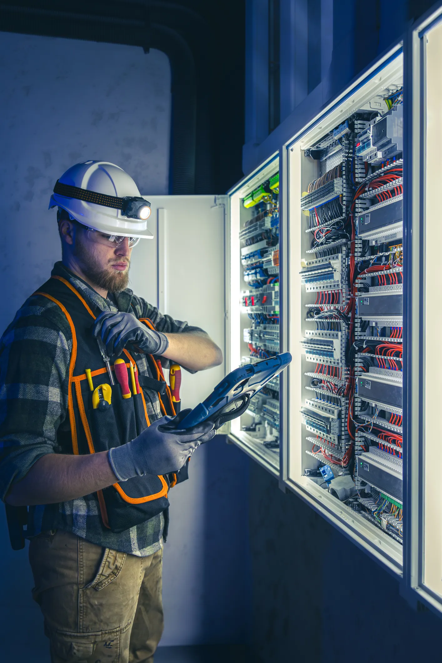 Electrician reviewing job numbers and taxes on a tablet