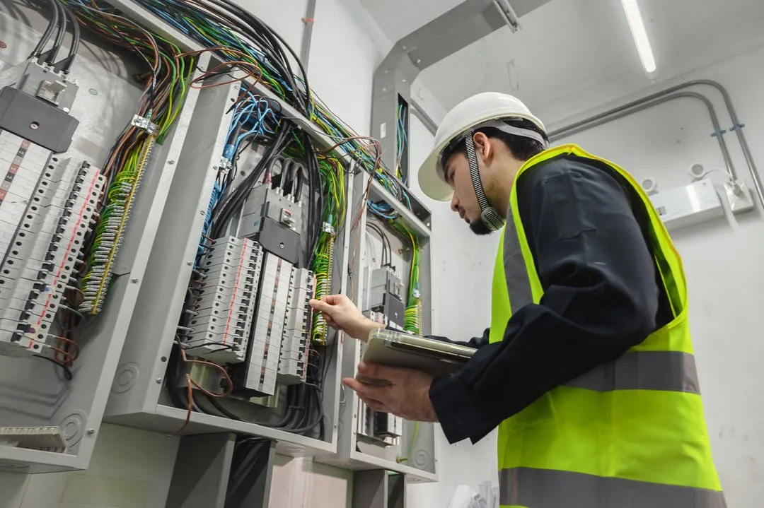 Electrician inspecting a distribution panel with a tablet