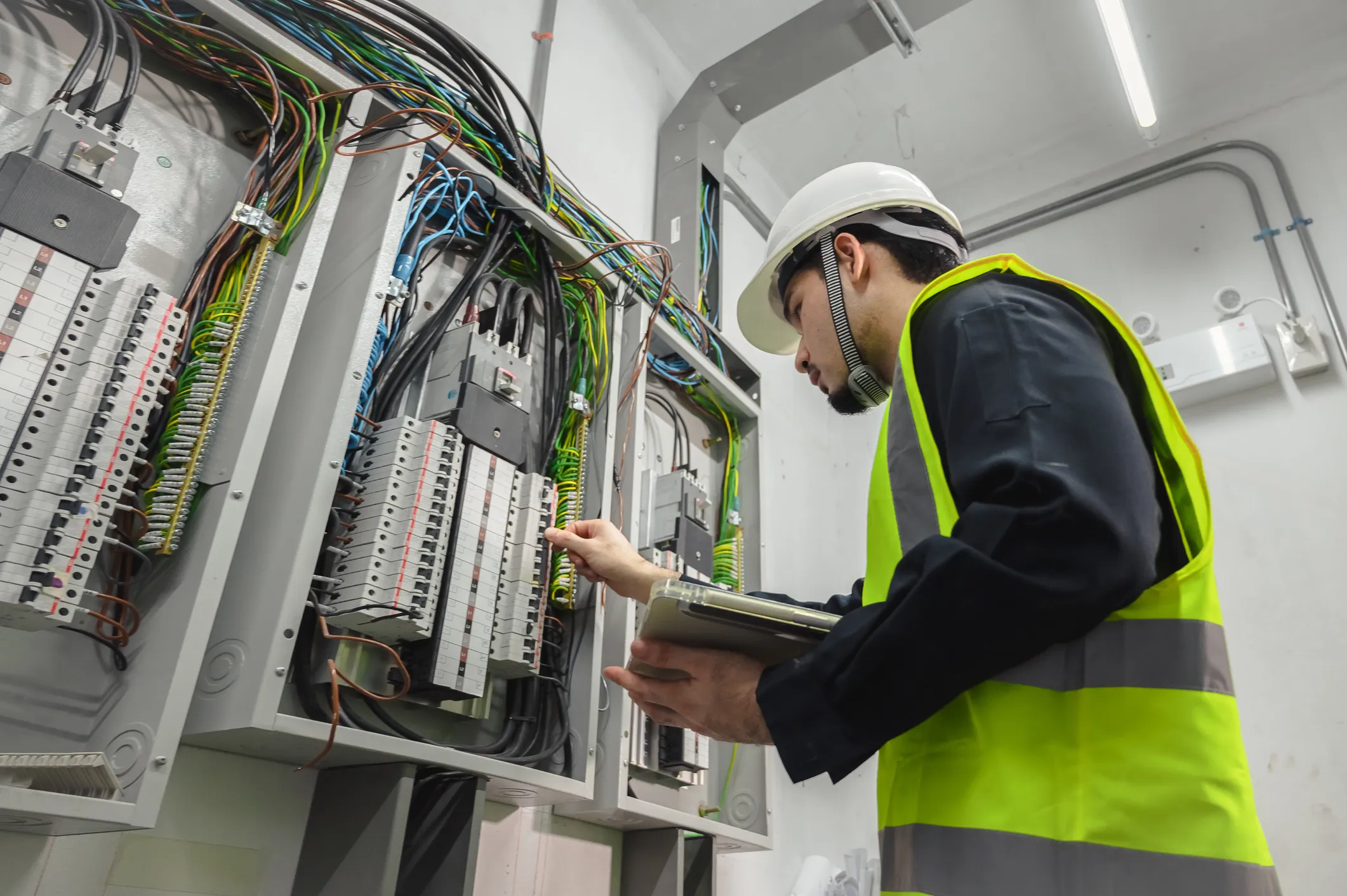 Electrician inspecting a distribution panel with a tablet