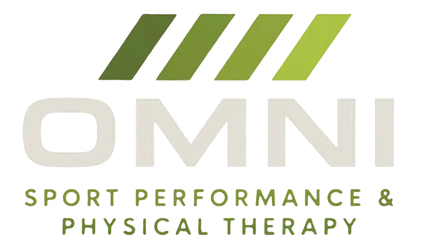 OMNI logo with green diagonal stripes and text Sport Performance & Physical Therapy below.