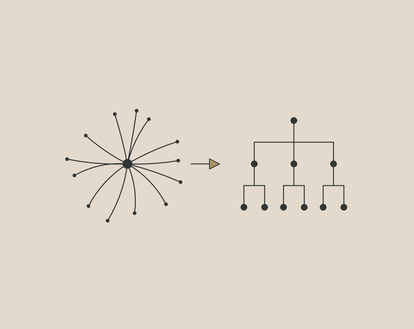Line drawing: many lines running through one central point, then an arrow, then a hierarchy chart with clear reporting lines.