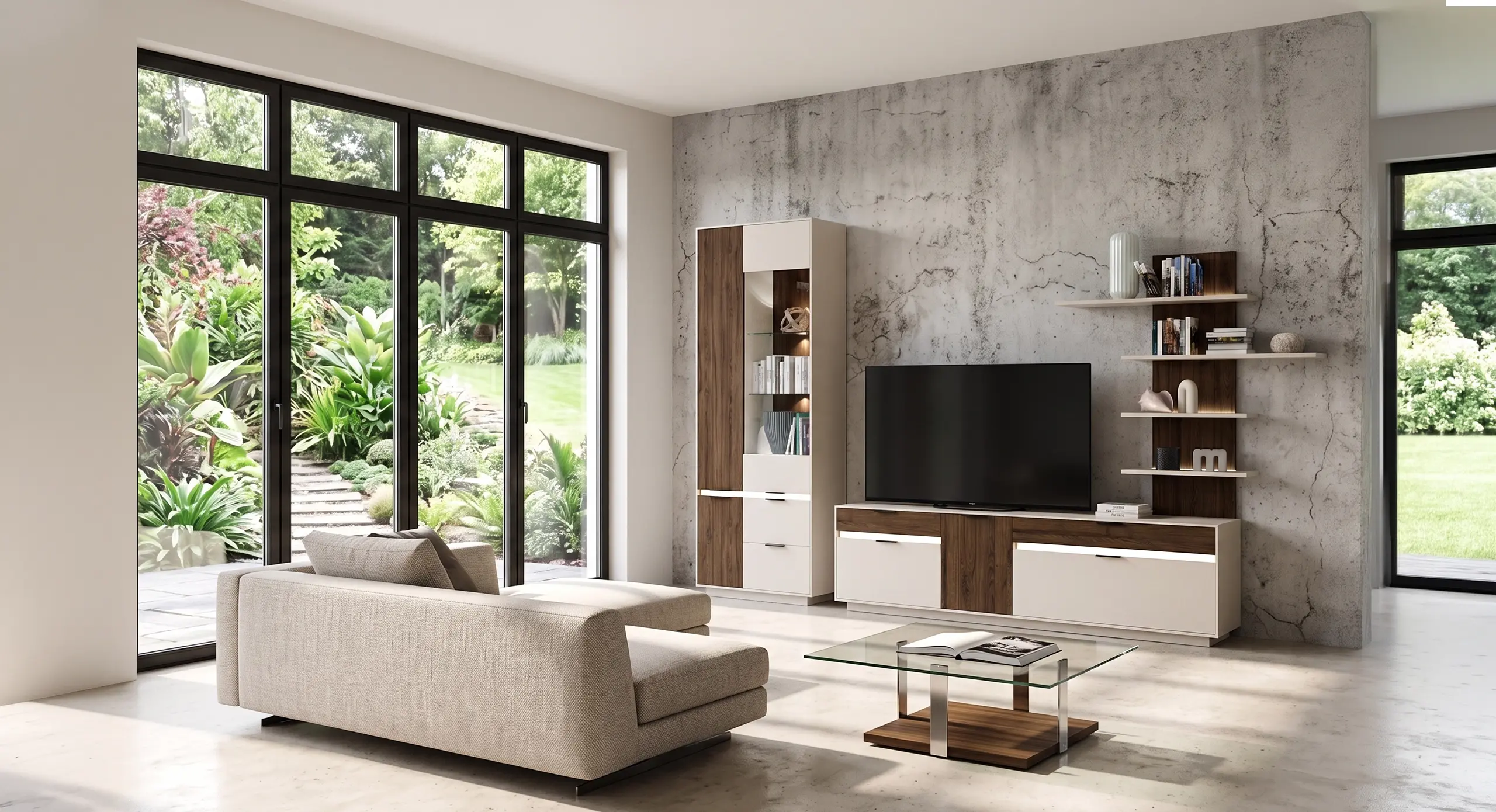 Modern living room with a beige sofa, glass coffee table, TV on a wooden and white media unit, and large windows showing a garden outside.
