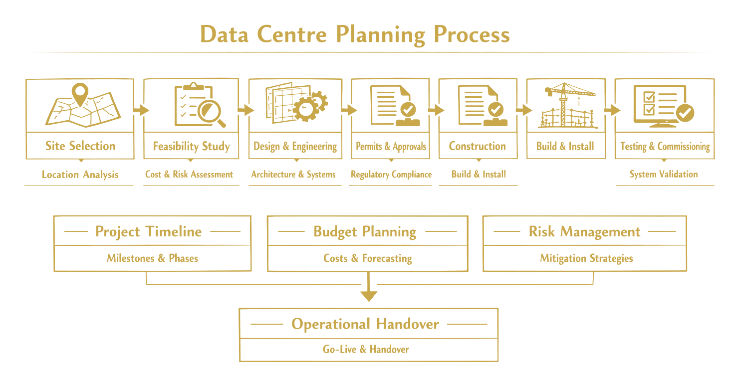 Data centre planning process: site selection, feasibility, design and engineering, permits, construction, testing and commissioning, with timeline, budget and risk tracks converging on operational handover.