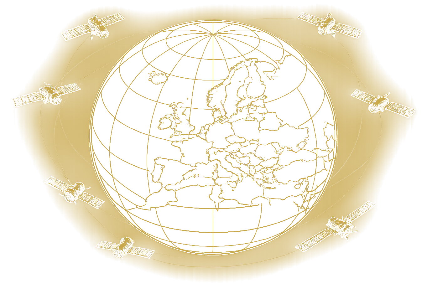 Wireframe globe centred on Europe with orbiting satellites.