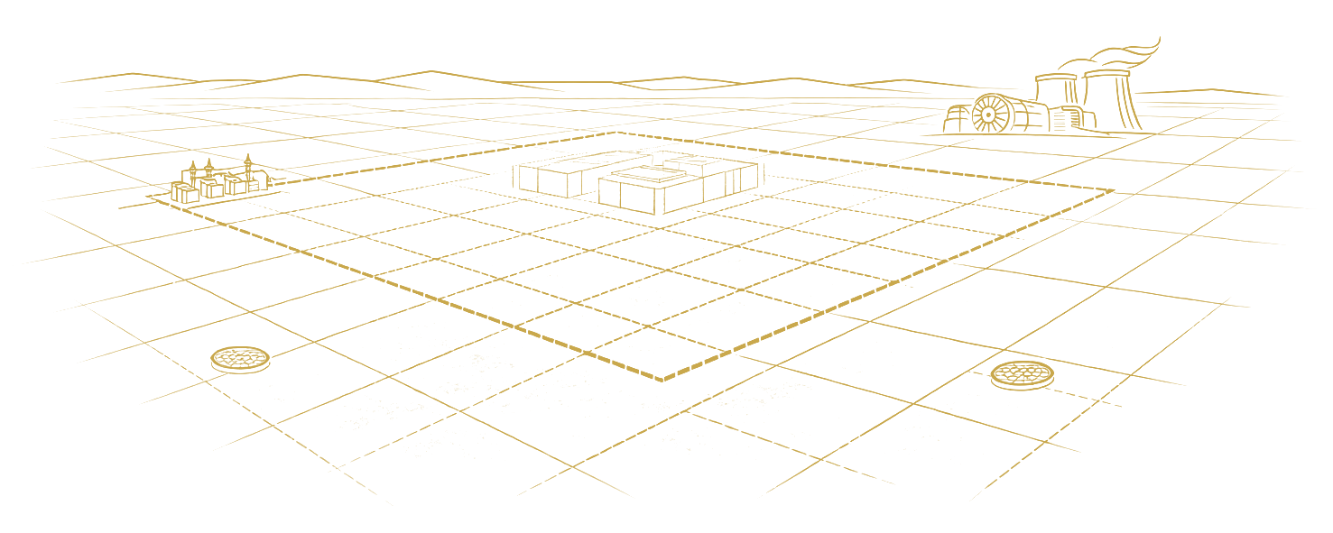Isometric site plan: gridded plot with dashed boundary, data centre massing, substation and power station on the horizon.