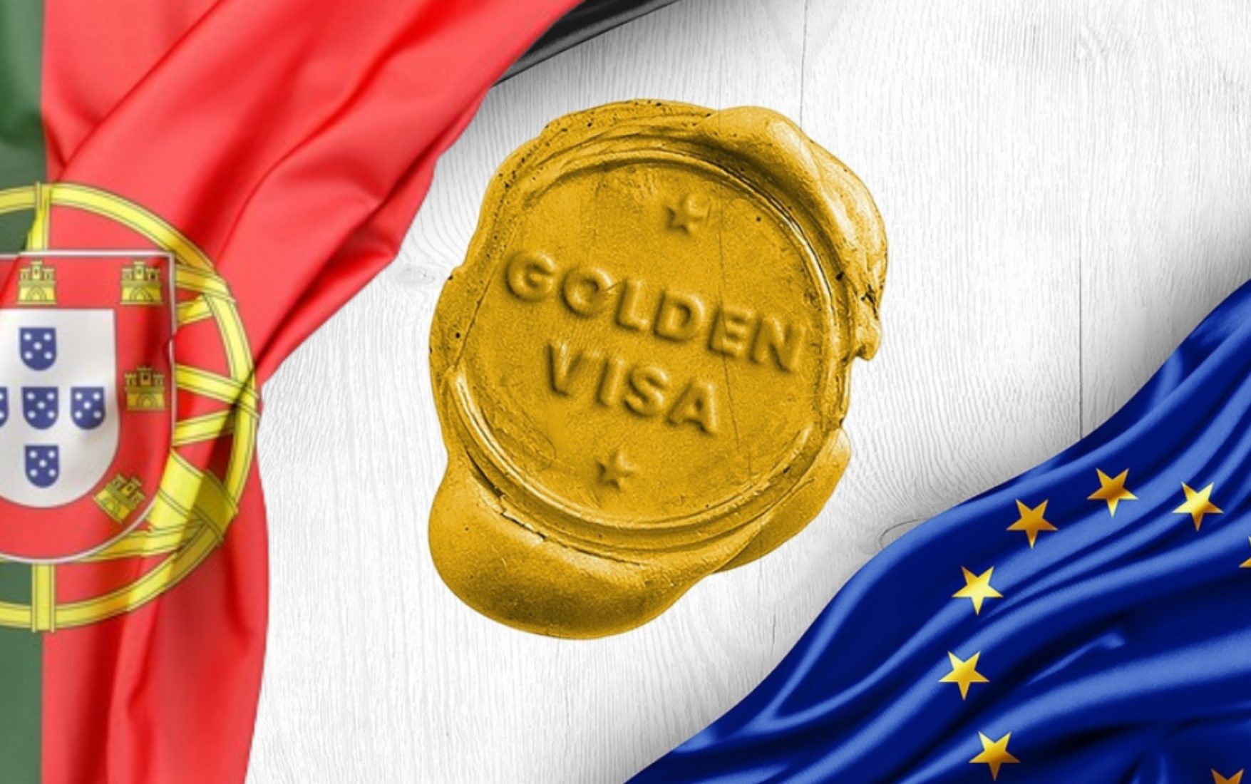 Golden wax seal with 'Golden Visa' text between Portuguese and European Union flags