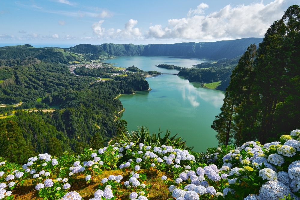 View over scenic lake and mountains in the Azores