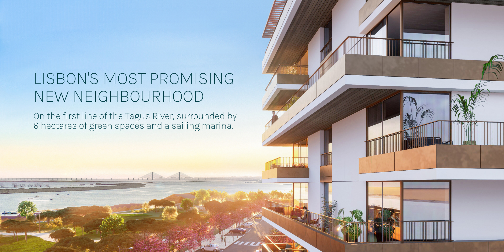 Modern apartment balconies overlooking the Tagus River and green spaces at sunset
