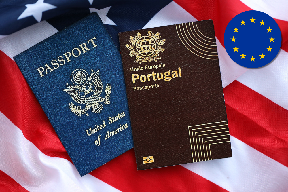 United States and Portugal passports resting on an American flag with the European Union logo