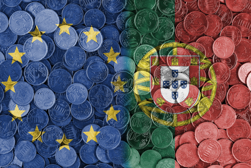 Portugal and EU flags made of Euro coins
