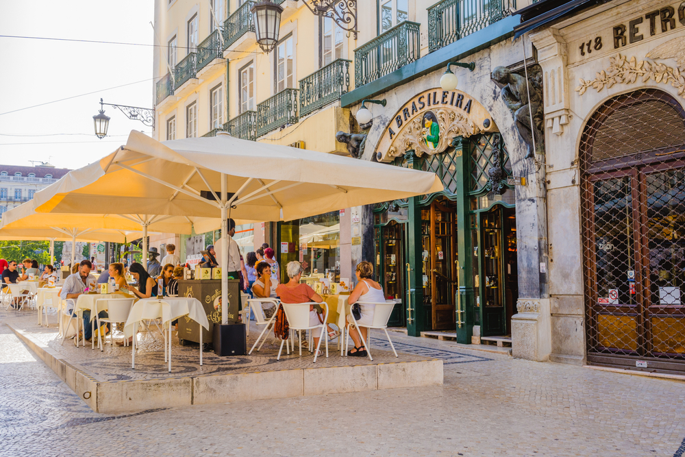 Lisbon's famous A Brasileira café with outdoor seating and historic Art Nouveau facade