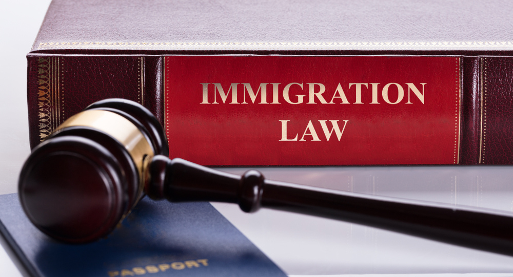 Mock 'Immigration Law' book with judge’s gavel resting on passport