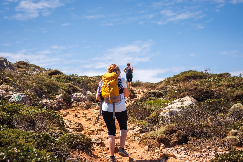 Two female hikers with backpack walking up to cliffs on Algarve coastline